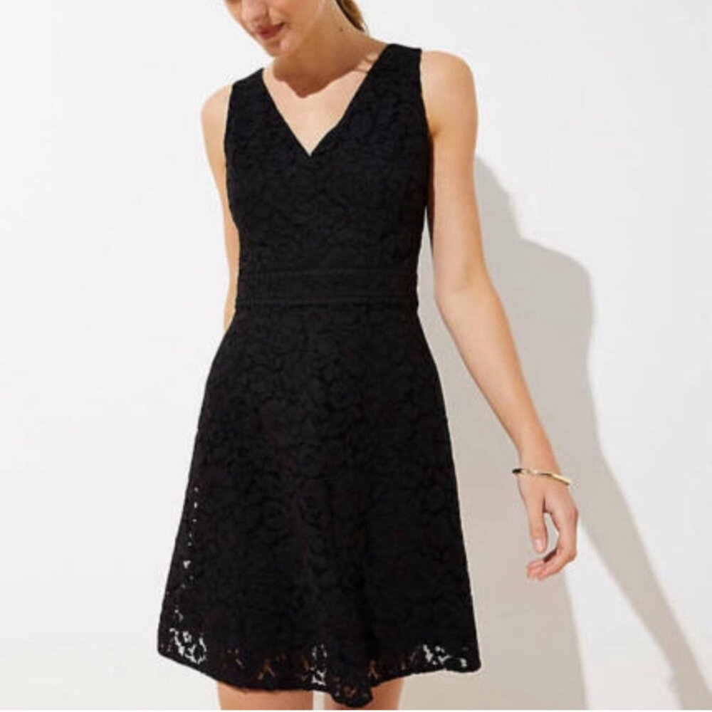 Loft black lace sleeveless flare dress 4 petite 4P